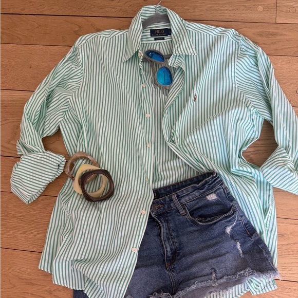 Ralph Lauren Green and White Striped Polo Shirt - Picture 2 of 8